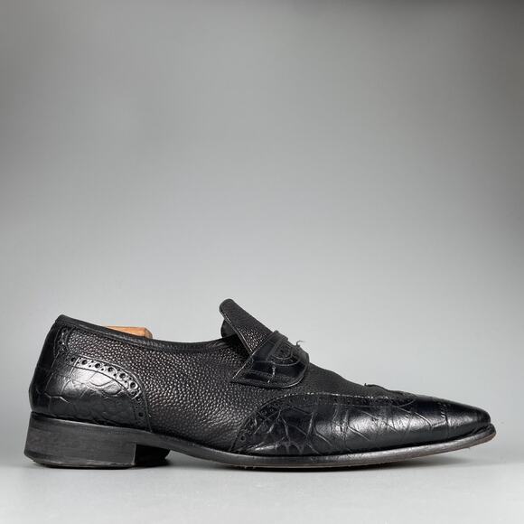 Paul Fredrick Mens 11 M Black Leather Alligator Embossed Penny Loafer Dress Shoe main image 6